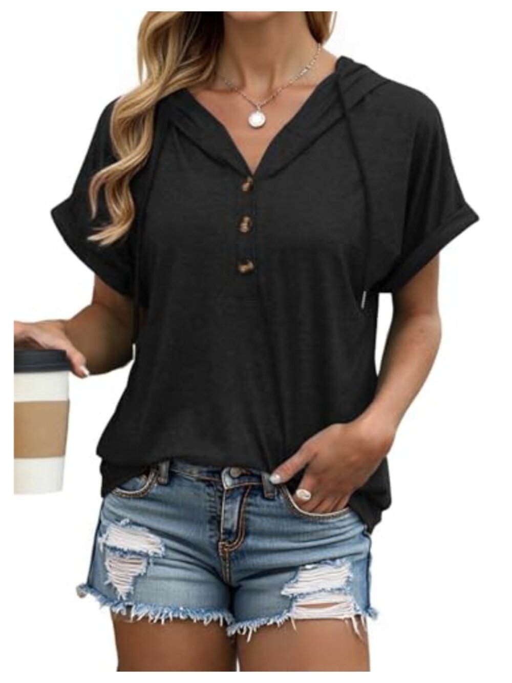 Oversized Short Sleeve Summer Hoodie T Shirt Rolled Sleeve Henley Button Casual